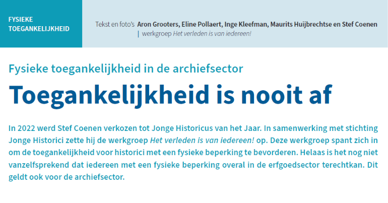 Screenshot van de titel en header van het artikel over toegankelijkheid in de archiefsector in Archievenblad jaargang 130, nummer 4.